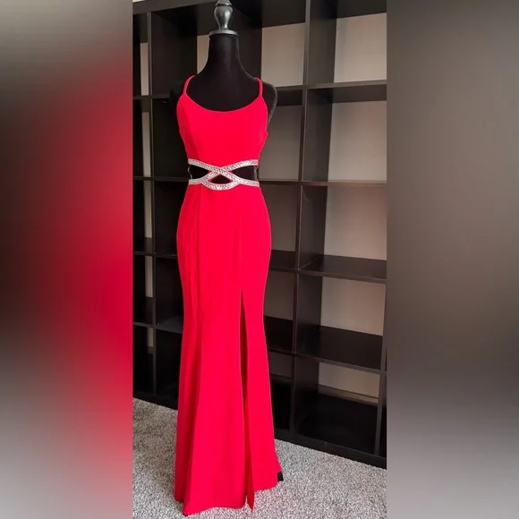 Speechless Red Prom / PageantGown with Halter Neckline and Silver Embellishments - Picture 1 of 10